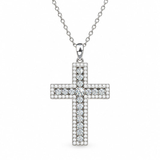 Halo moissanite cross necklace on white background