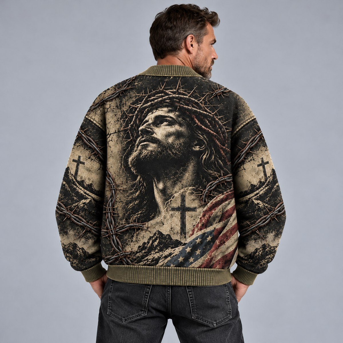 Jesus Christian Cardigan, Psalm 23 Religious Sweater, American Flag Cross Button Up Cardigan, Faith Inspired Gift for Men