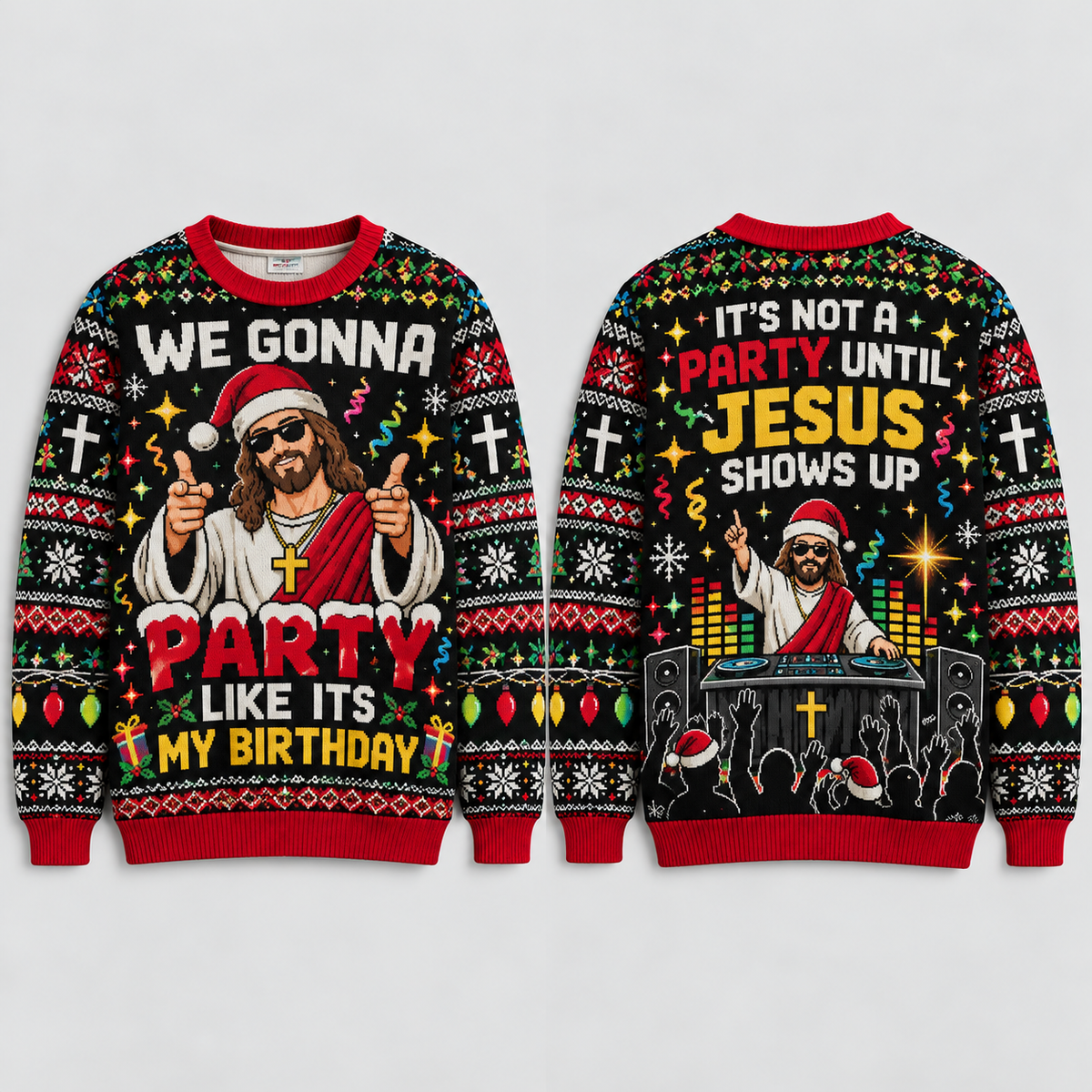 Jesus Ugly Christmas Sweater, Funny Christian Birthday Xmas Sweatshirt, Jesus DJ Party Pullover, Religious Holiday Gift