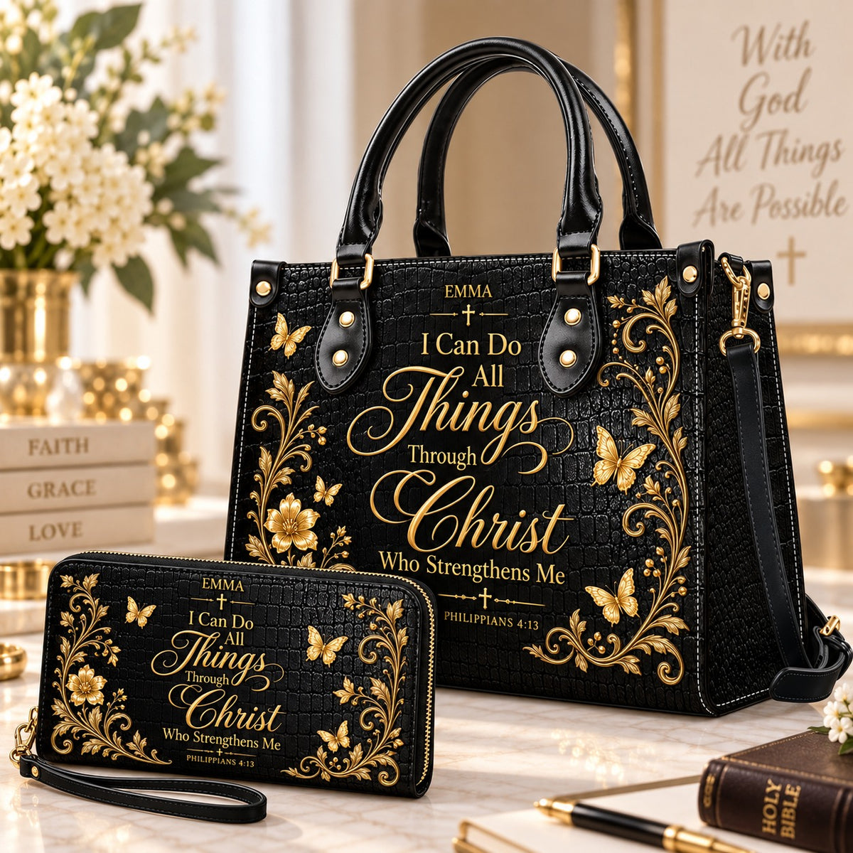 "I Can Do All Things" Inspirational Leather Bag & Wallet Set
