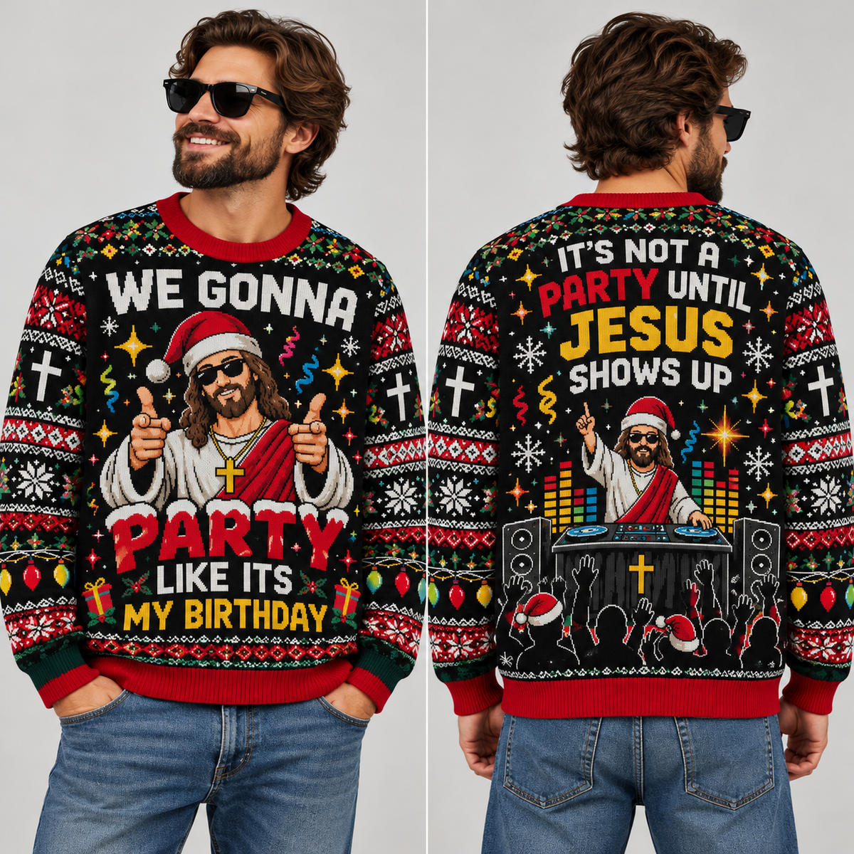Jesus Ugly Christmas Sweater, Funny Christian Birthday Xmas Sweatshirt, Jesus DJ Party Pullover, Religious Holiday Gift