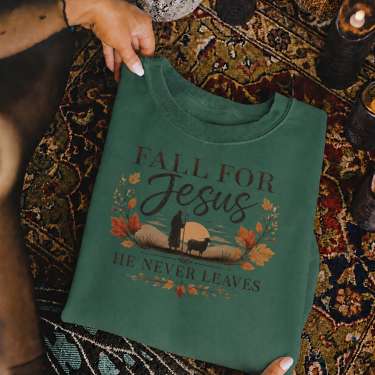 Fall For Jesus He Never Leaves Christian Autumn Faith Unisex Tshirt / Hoodie / Sweatshirt