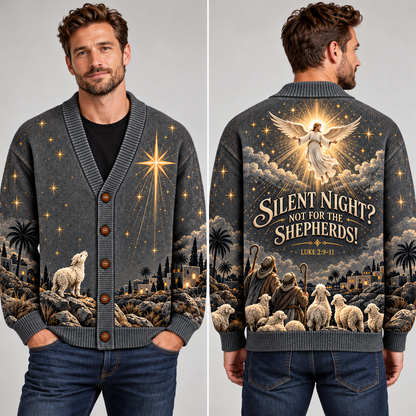 Christian Christmas Cardigan, Silent Night Shepherds Sweater, Luke 2:9-11 Angel Nativity Knitwear, Men's Religious Holiday Gift