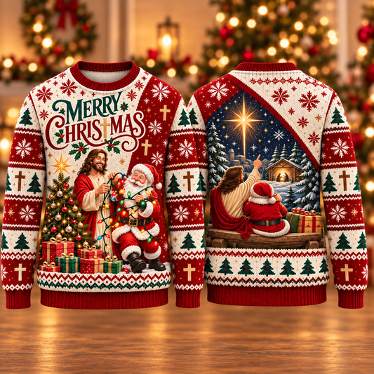 Merry Christmas Jesus Sweater, Christian Ugly Christmas Sweater, Jesus and Santa Men’s Faith Holiday Knit Pullover