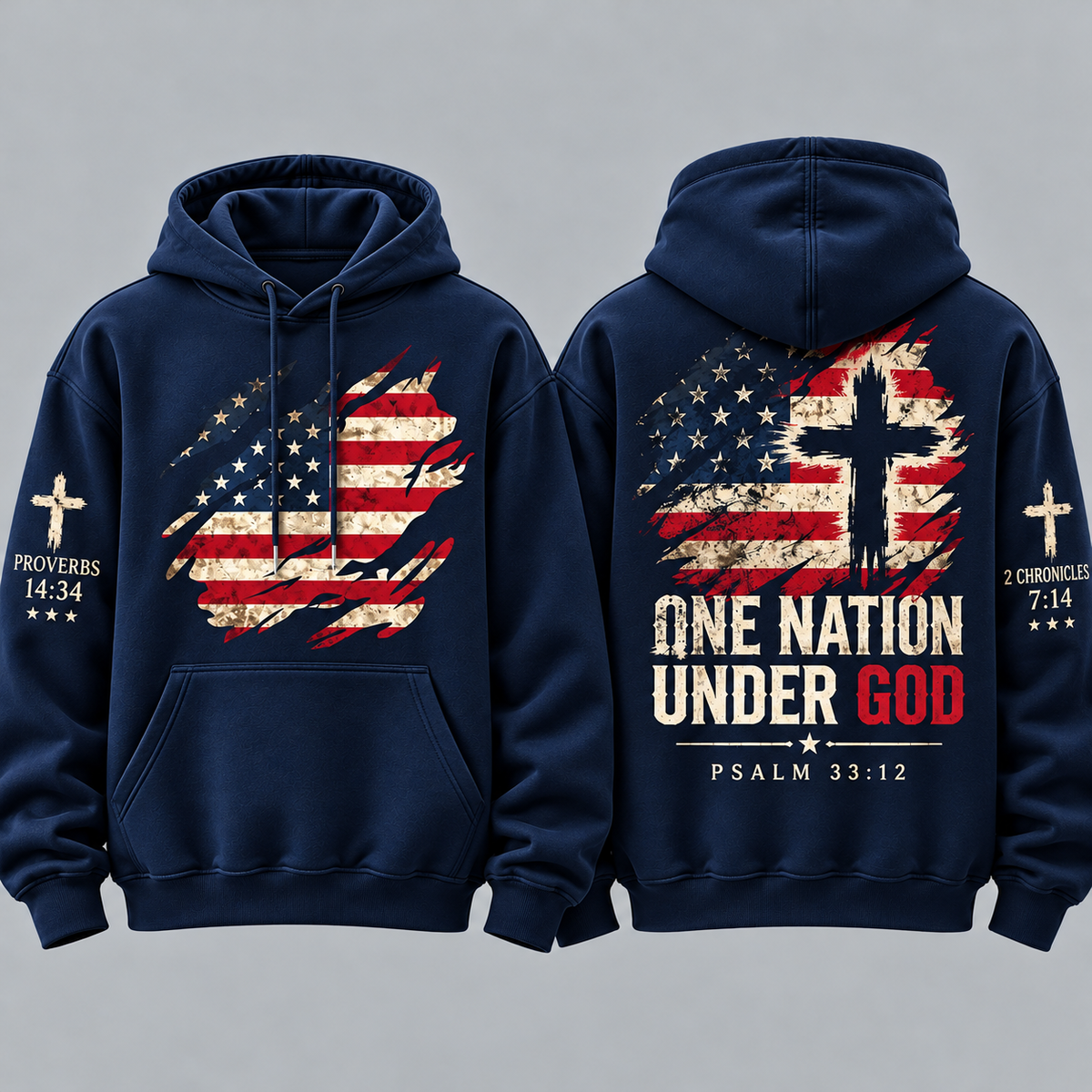 Christian Patriotic Hoodie for Men, One Nation Under God Sweatshirt, American Flag Cross Pullover, Religious USA Gift