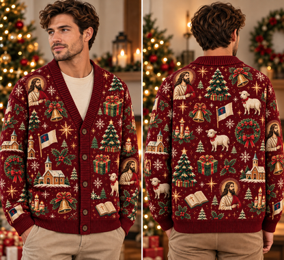 Christian Christmas Cardigan, Religious Ugly Xmas Sweater, Jesus Nativity Holiday Knitwear, Men's Faith Button Up Gift