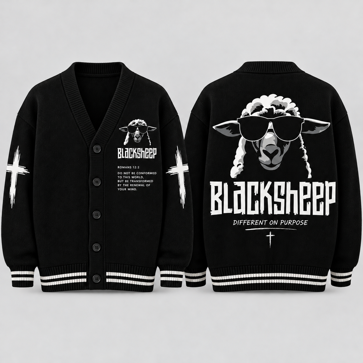Black Sheep Christian Cardigan, Romans 12:2 Bible Verse Sweater, Different on Purpose Button Up Cardigan, Faith Gift for Men