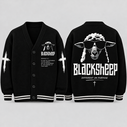 Black Sheep Christian Cardigan, Romans 12:2 Bible Verse Sweater, Different on Purpose Button Up Cardigan, Faith Gift for Men