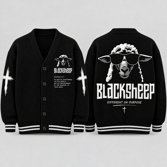 Black Sheep Christian Cardigan, Romans 12:2 Bible Verse Sweater, Different on Purpose Button Up Cardigan, Faith Gift for Men