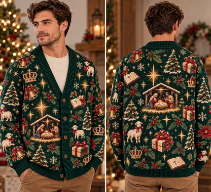 Christian Christmas Cardigan, Religious Ugly Xmas Sweater, Jesus Nativity Holiday Knitwear, Men's Faith Button Up Gift