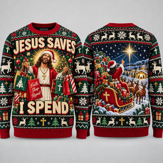 Jesus Saves I Spend Christian Christmas Sweater, Funny Jesus Ugly Christmas Sweater, Men’s Faith Holiday Knit
