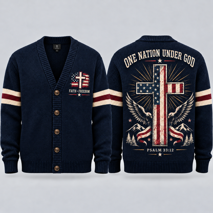 Men’s Christian Patriotic Cardigan, One Nation Under God Cross Sweater, American Flag Button Up Knit, Psalm 33:12 Faith Gift