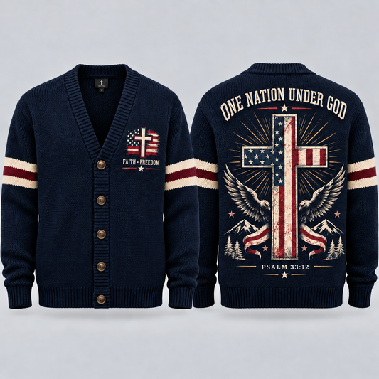 Men’s Christian Patriotic Cardigan, One Nation Under God Cross Sweater, American Flag Button Up Knit, Psalm 33:12 Faith Gift