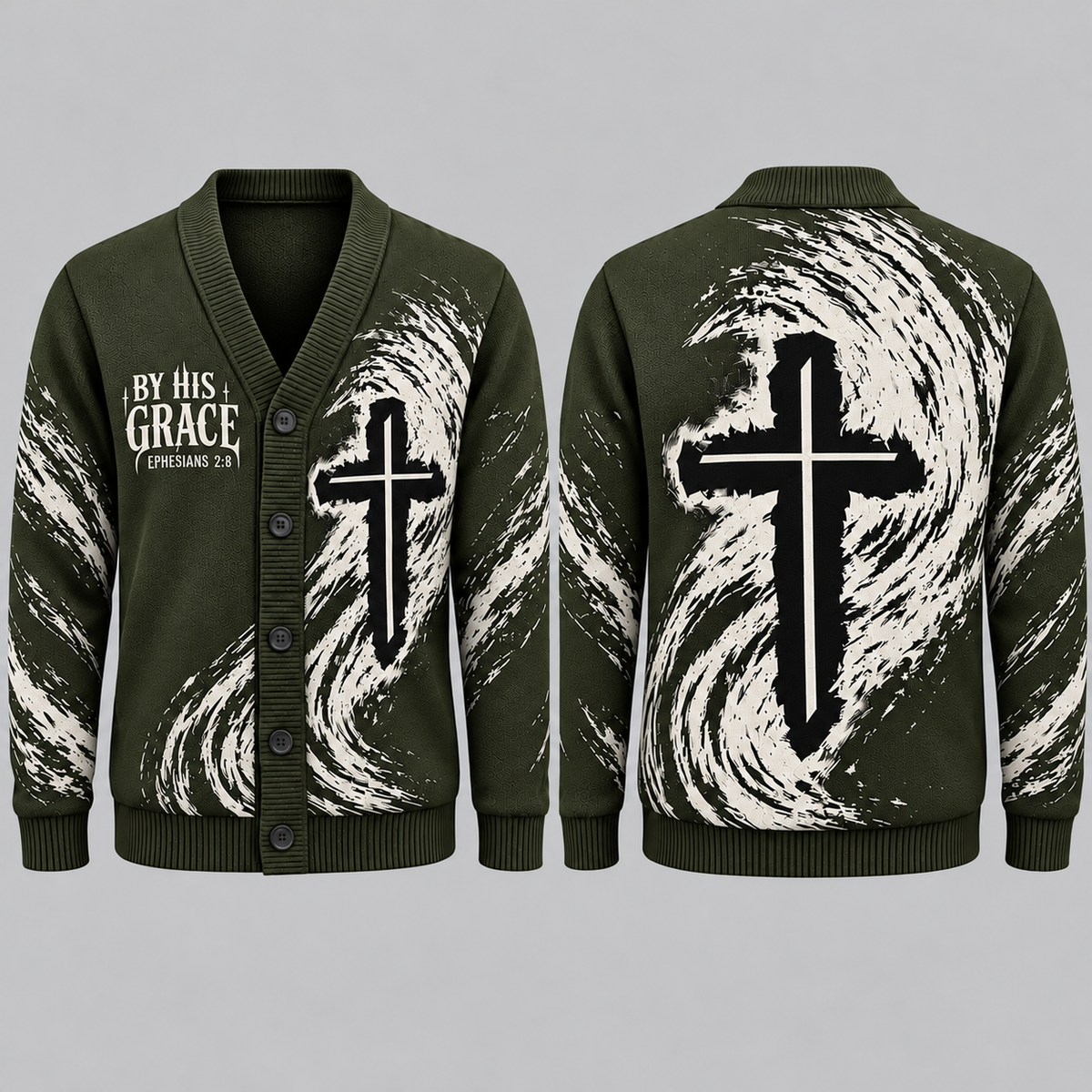 Men's Christian Cross Cardigan, By His Grace Ephesians 2:8 Sweater, Religious Button Up Knitwear, Faith Gift for Men