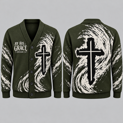 Men's Christian Cross Cardigan, By His Grace Ephesians 2:8 Sweater, Religious Button Up Knitwear, Faith Gift for Men