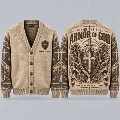 Armor of God Christian Cardigan, Ephesians 6:11 Cross Shield Sweater, Men’s Faith Button Up Religious Knit Cardigan