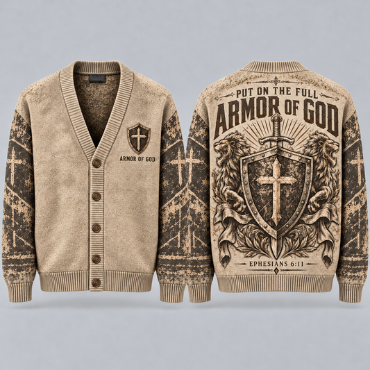 Armor of God Christian Cardigan, Ephesians 6:11 Cross Shield Sweater, Men’s Faith Button Up Religious Knit Cardigan