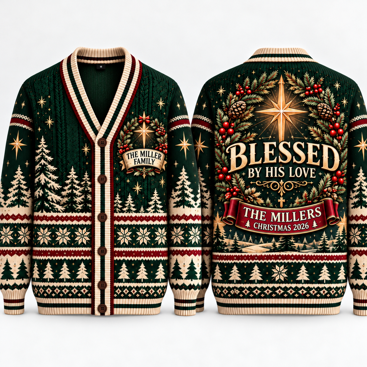 Personalized Christian Christmas Cardigan, Custom Family Name Sweater, Blessed By His Love, Holiday Button Up Gift for Family