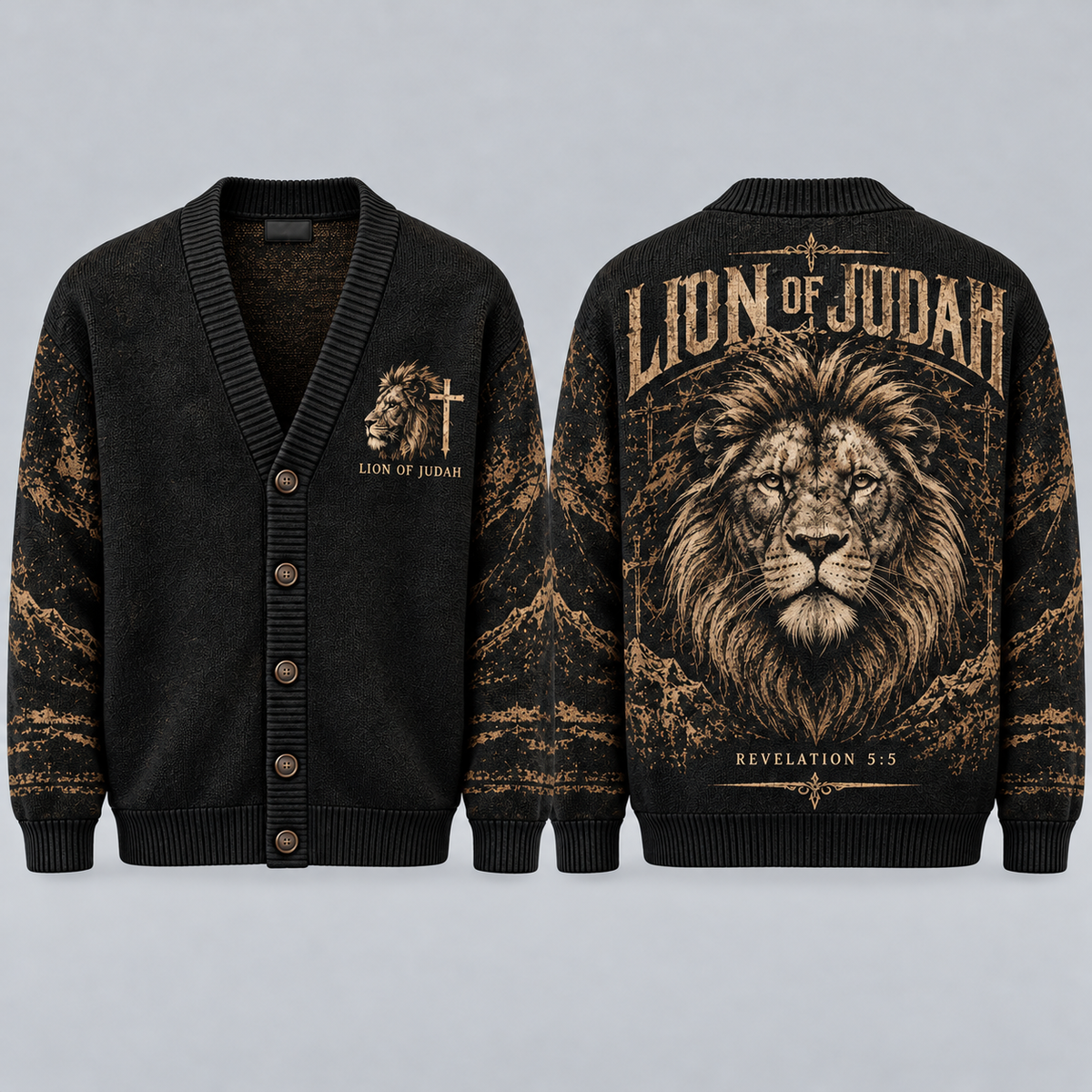 Lion of Judah Christian Cardigan, Revelation 5:5 Religious Sweater, Men’s Faith Button Up Knit Cardigan