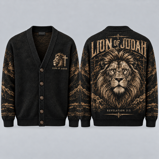 Lion of Judah Christian Cardigan, Revelation 5:5 Religious Sweater, Men’s Faith Button Up Knit Cardigan