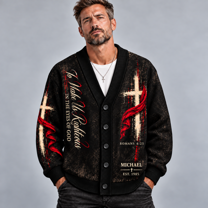 Personalized Jesus Christian Cardigan, Made Us Righteous Sweater, Romans 4:25 Cross Button Up Cardigan, Custom Faith Gift for Men