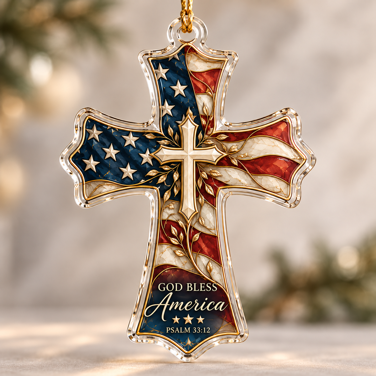 God Bless America Cross Ornament, Christian Patriotic Ornament, American Flag Christmas Decor, Psalm 33:12 Christian Gift