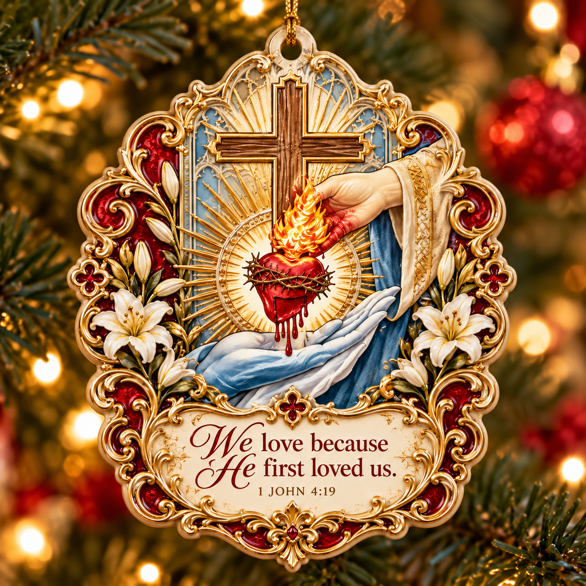 Sacred Heart of Jesus Acrylic Ornament, 1 John 4:19 Christian Ornament, Catholic Christmas Gift, Religious Faith Keepsake