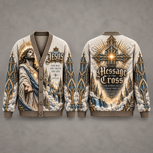 Jesus Christian Cardigan, Message of the Cross Religious Sweater, John 14:6 Bible Verse Cardigan, Gothic Faith Gift for Men