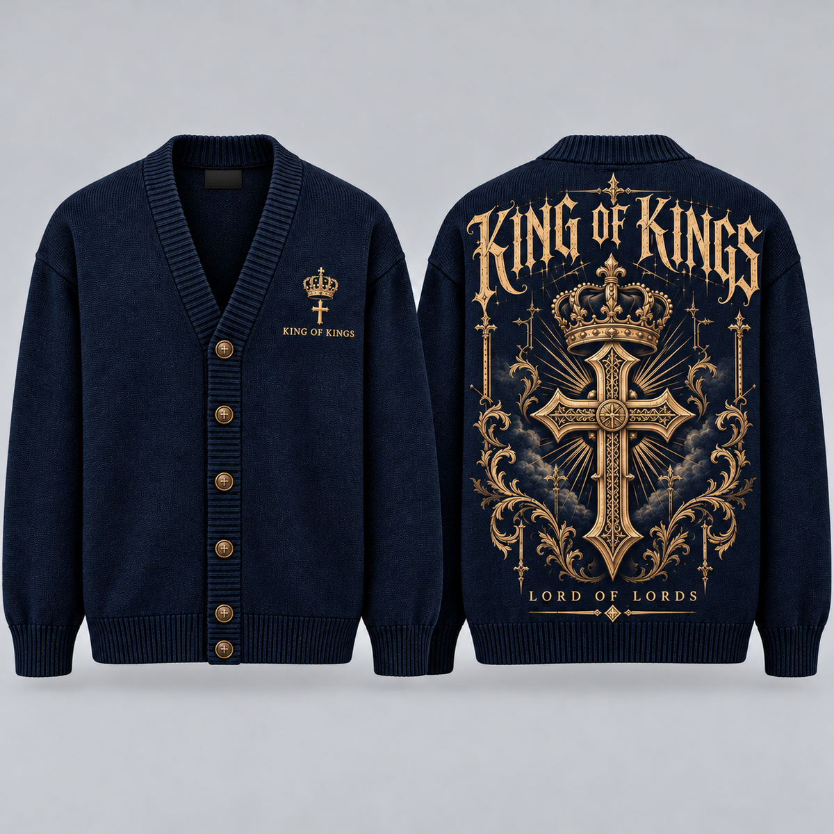King of Kings Christian Cardigan, Lord of Lords Cross Sweater, Men’s Faith Button Up Religious Knit Cardigan