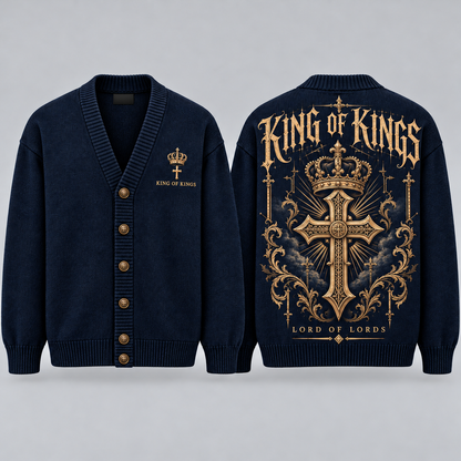 King of Kings Christian Cardigan, Lord of Lords Cross Sweater, Men’s Faith Button Up Religious Knit Cardigan