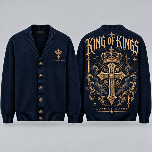 King of Kings Christian Cardigan, Lord of Lords Cross Sweater, Men’s Faith Button Up Religious Knit Cardigan
