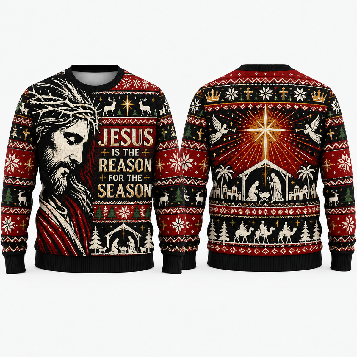 Jesus Is The Reason For The Season 3D Christmas Sweater – Christian Nativity All-Over Print Holiday Sweatshirt