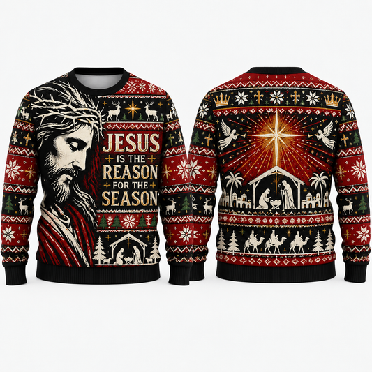 Jesus Is The Reason For The Season 3D Christmas Sweater – Christian Nativity All-Over Print Holiday Sweatshirt
