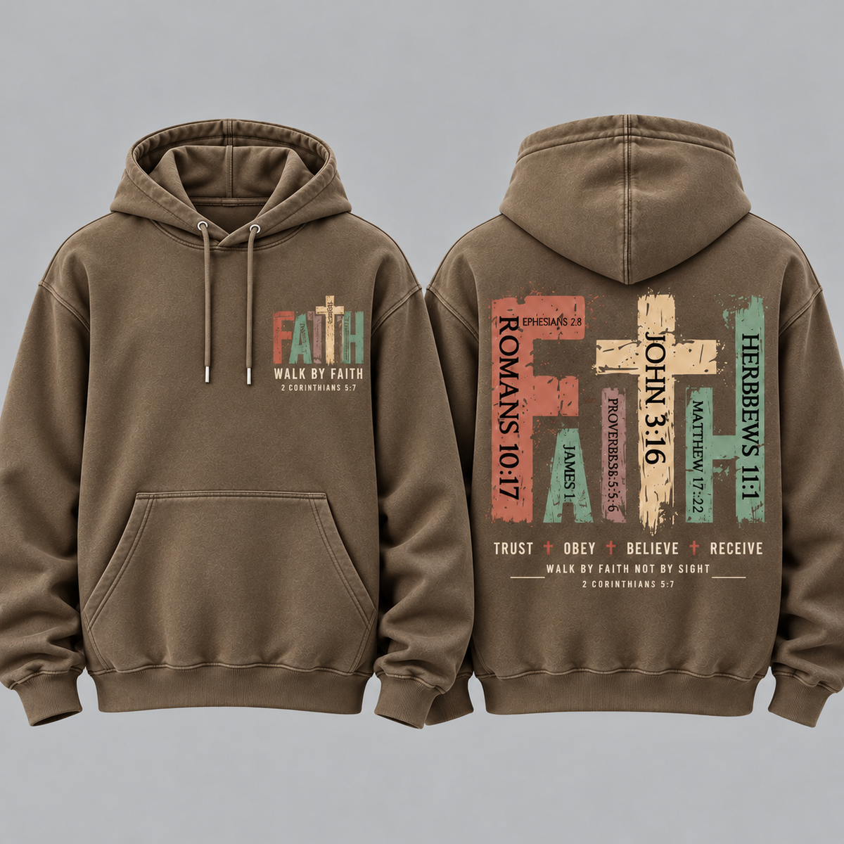 Christian Faith Hoodie for Men, Walk By Faith Bible Verse Sweatshirt, Vintage Cross Graphic Pullover, Religious Gift for Him