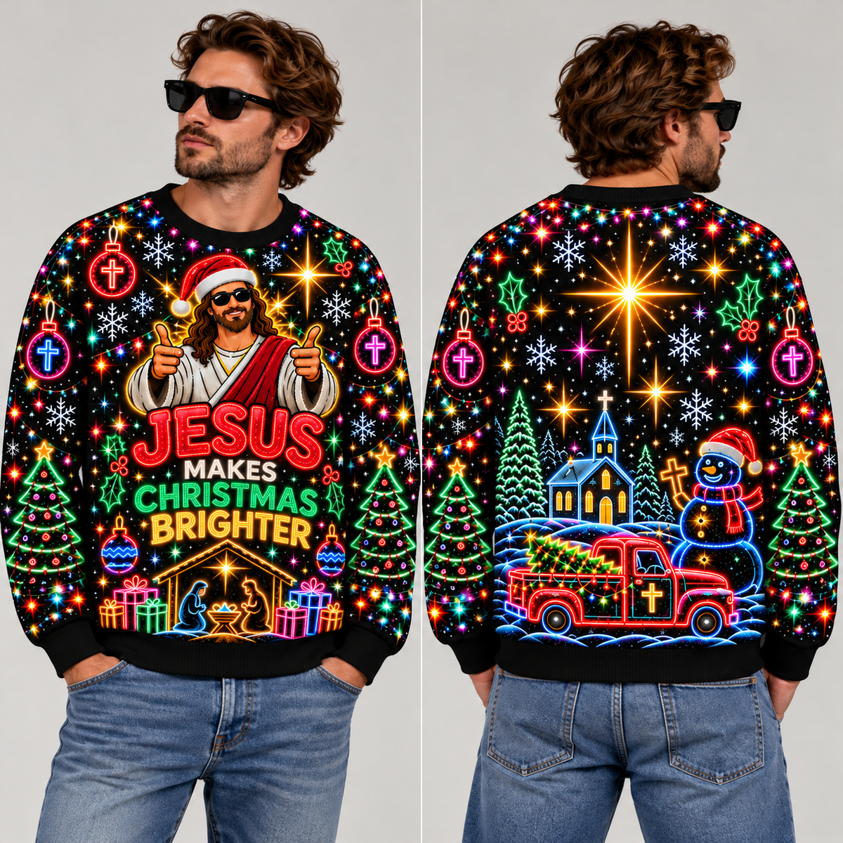 Jesus Ugly Christmas Sweater, Jesus Makes Christmas Brighter Sweatshirt, Neon Christian Holiday Pullover, Religious Xmas Gift