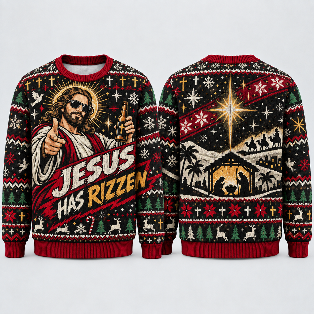 Jesus Has Rizz(en) 3D Christmas Sweater – Christian Nativity All-Over Print Holiday Sweatshirt