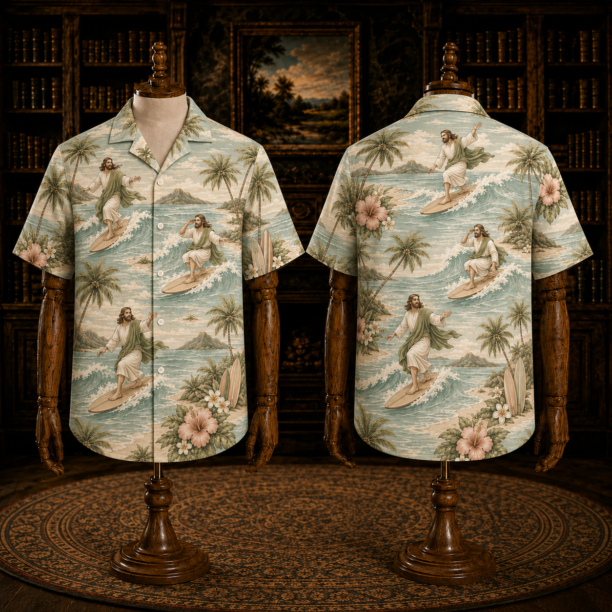 Navy Blue Jesus On The Waves Hawaiian Shirt – Christian Surf Aloha Shirt