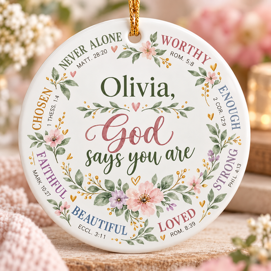 Personalized Christian Ceramic Ornament, God Says You Are Bible Verse Gift, Custom Name Faith Christmas Ornament for Her