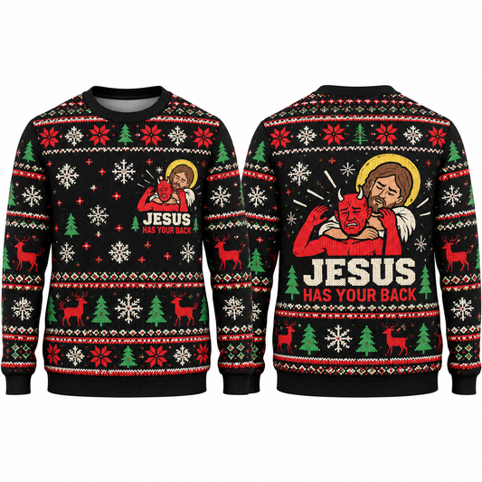 Jesus Has Your Back 3D Christmas Sweater – Christian Ugly Christmas All-Over Print Men’s Holiday Sweatshirt