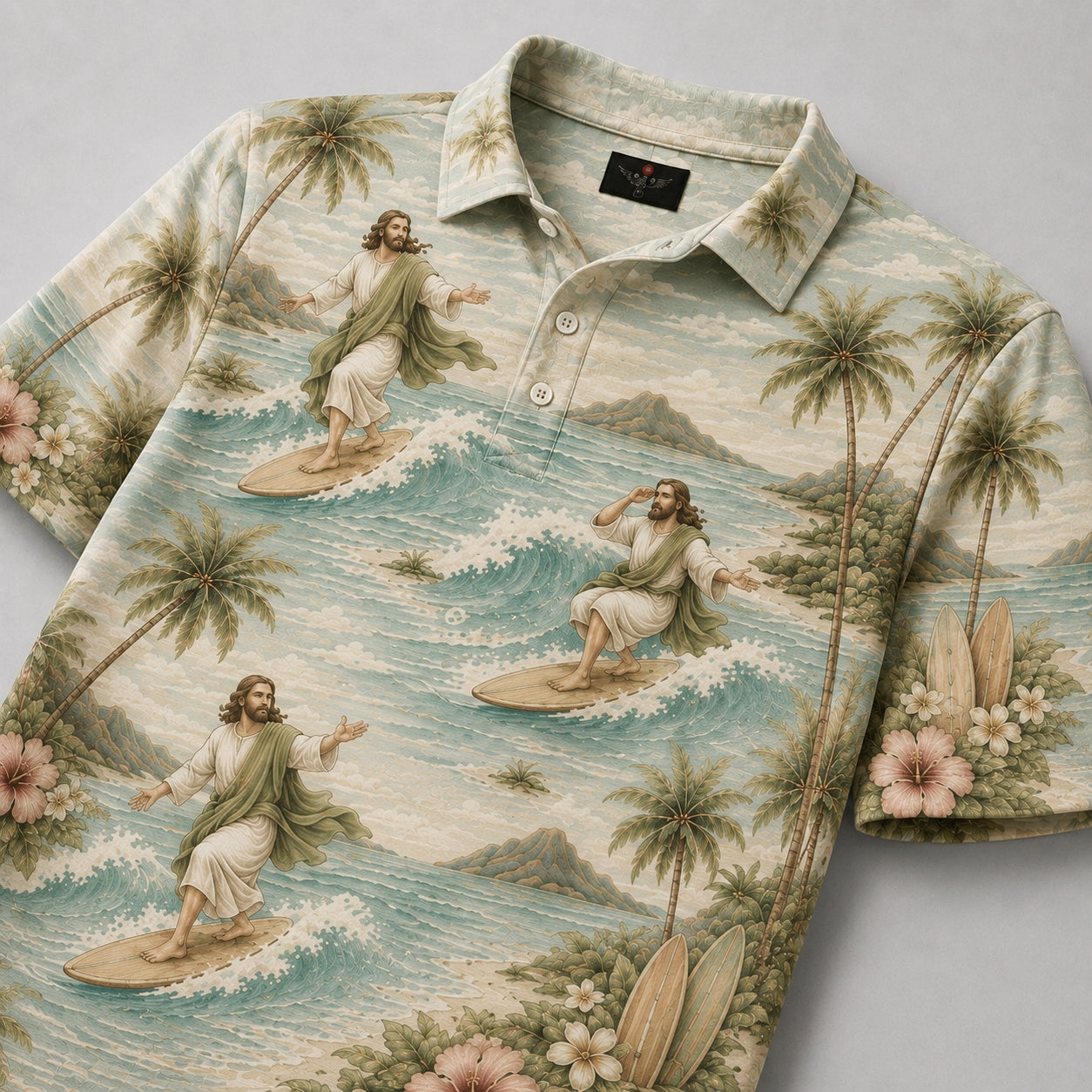 Soft Sage Jesus Surfing Polo Shirt – Christian Tropical Beach Shirt