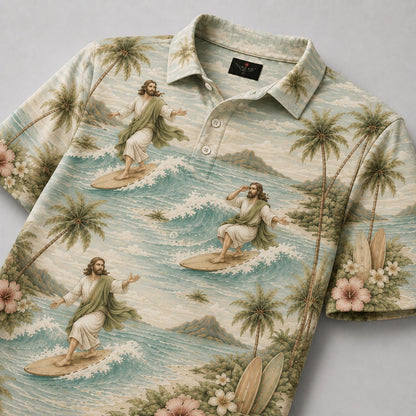 Soft Sage Jesus Surfing Polo Shirt – Christian Tropical Beach Shirt