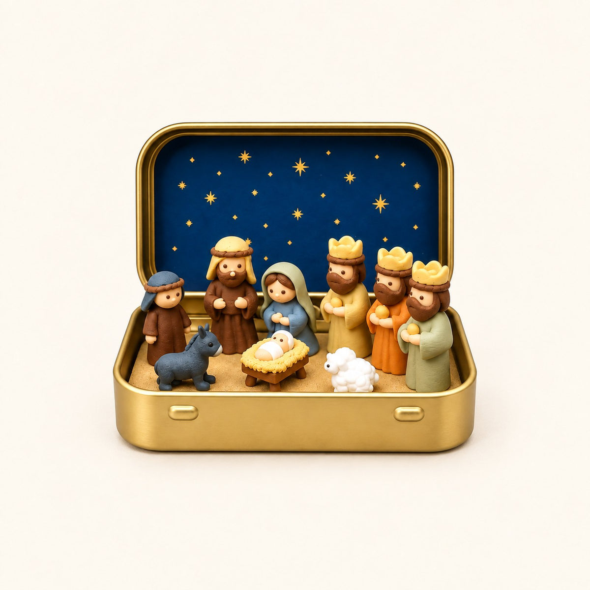 Classic Nativity scene with the Holy Family, Three Kings, a shepherd, donkey and lamb in an open gold-tone tin