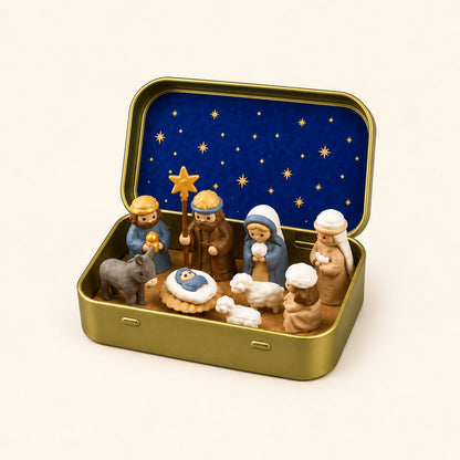 Nativity scene with Joseph holding a star staff, Mary, Baby Jesus, shepherds, donkey and sheep in an open gold-tone tin