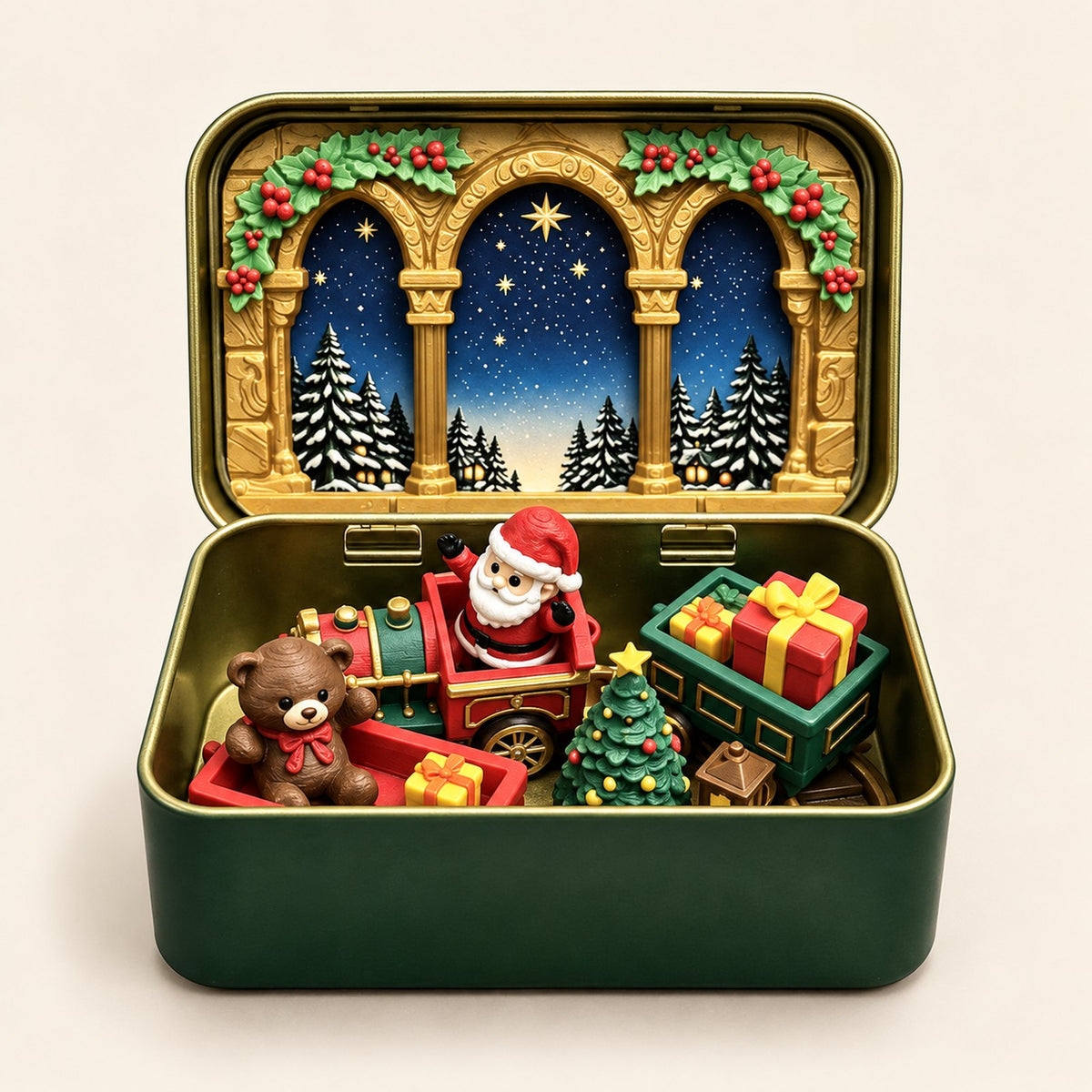 Santa riding a toy train with gift wagons, a teddy bear and a Christmas tree in an open green tin