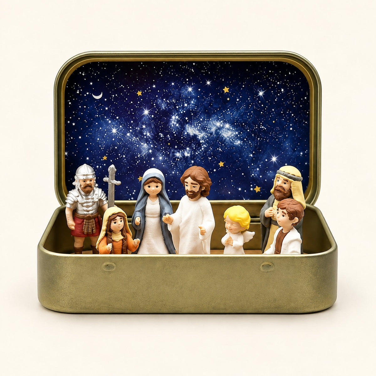 Jesus with Mary, an angel, a Roman soldier, an elder and children in front of a galaxy sky in an open gold-tone tin