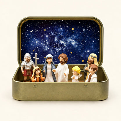 Jesus with Mary, an angel, a Roman soldier, an elder and children in front of a galaxy sky in an open gold-tone tin