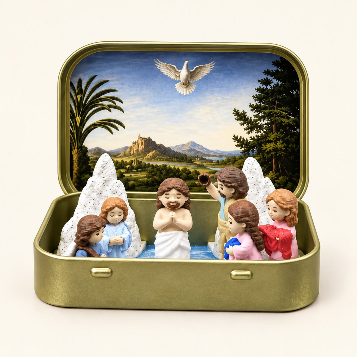 Baptism of Jesus in the River Jordan with a dove backdrop in an open gold-tone tin
