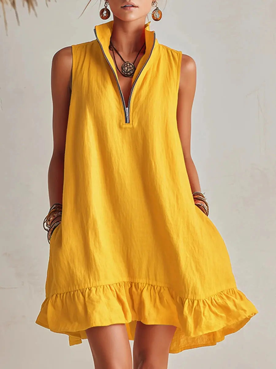Orange Cotton Linen Stand Collar Half-Zip Mini Dress Carilie