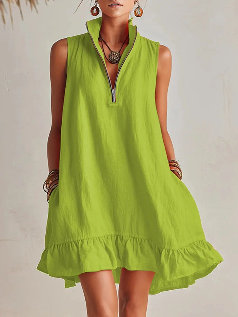 Orange Cotton Linen Stand Collar Half-Zip Mini Dress Carilie