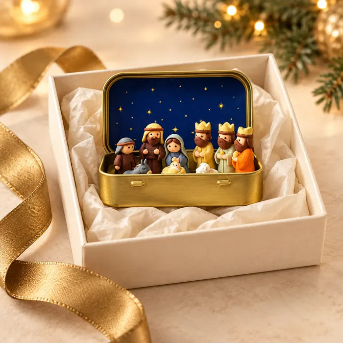 Open mini Nativity tin presented in a cream gift box with ivory tissue paper and a gold ribbon